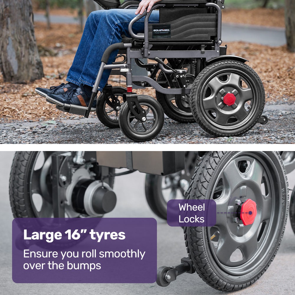 EQUIPMED Electric Folding Wheelchair, Wide Bariatric Chair Seat, Comfortable for S-XL, Long Range, Lithium Battery, Black